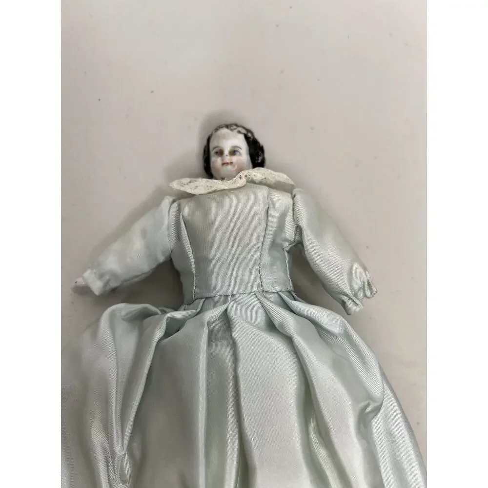 Antique Porcelain Head German China Doll Cloth Body Blue Dress
